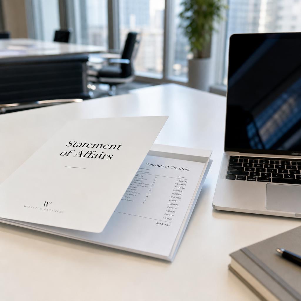 Stacked insolvency estate documents on a corporate boardroom table