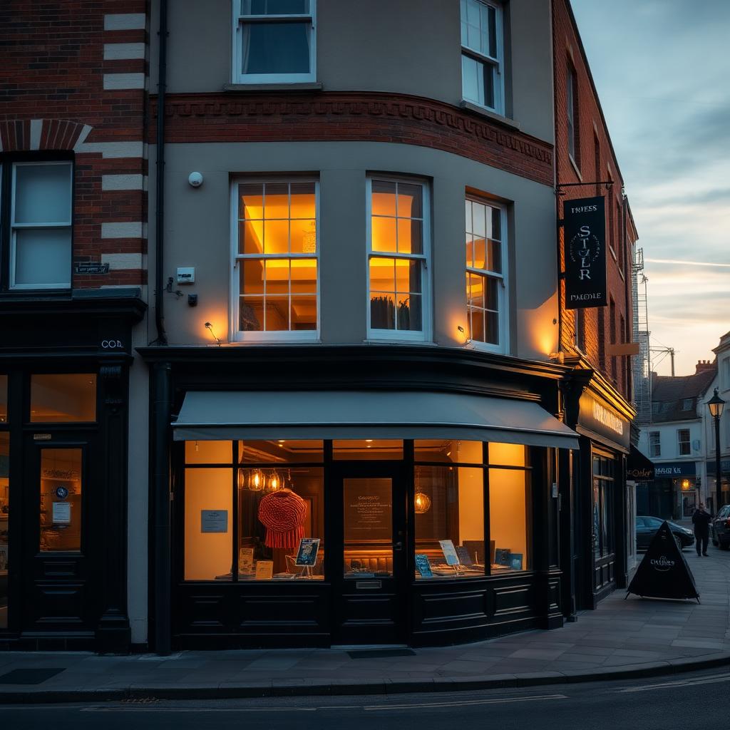 Independent small business premises on a UK high street at dusk